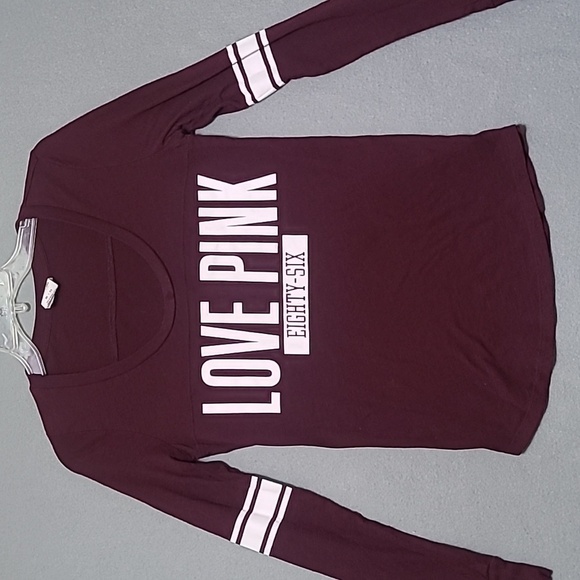 PINK VICTORIA'S SECRET Women's Burgundy Long Sleeve Low Cut Tee Shirt - Size XS - Picture 1 of 11